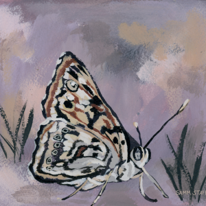 An earthy nursery art print of a moth and some grass. It is hand painted in white, beige, black, and lavender. This kid’s room wall art has a purple background with varying shades of lavender, tan, and blush.