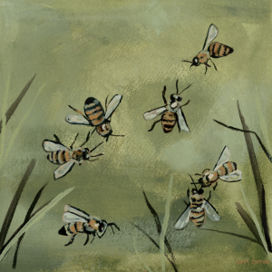 An acrylic painting of seven honey bees on an olive green background. The bees are painted in blacks and mustard yellows. There are dark green blades of grass. This is a digital download of an acrylic painting by Samm Stafford.