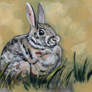 Acrylic painting of a mustard yellow background and a hand painted tan, pink, and brown wild rabbit. Mustard yellow rabbit nursery painting.