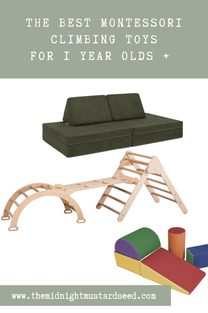 The best Montessori climbing toys for 1 year olds. Willow green nugget couch, pikler climbing triangle, Softzone climbing set