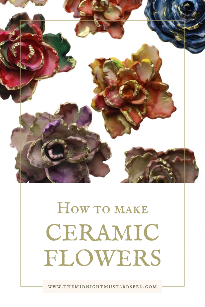 How to make ceramic flowers. Watercolor painted flowers made out of pottery on a white background by Samm Stafford and Whitney winkler art