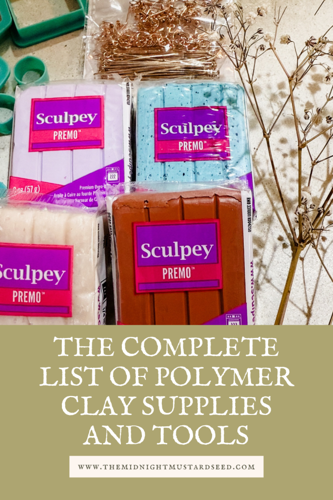 “ the Complete List of Polymer Clay Supplies and Tools” by the midnight mustard seed. Sculpey Premo and Clay cutters on a work surface