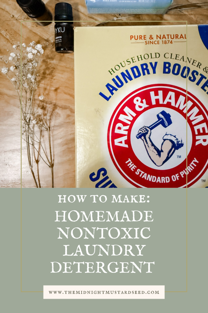 How to make your own homemade no toxic laundry detergent. This photo has washing soda, Castile soap, and essential oils on a table to display laundry detergent ingredients 