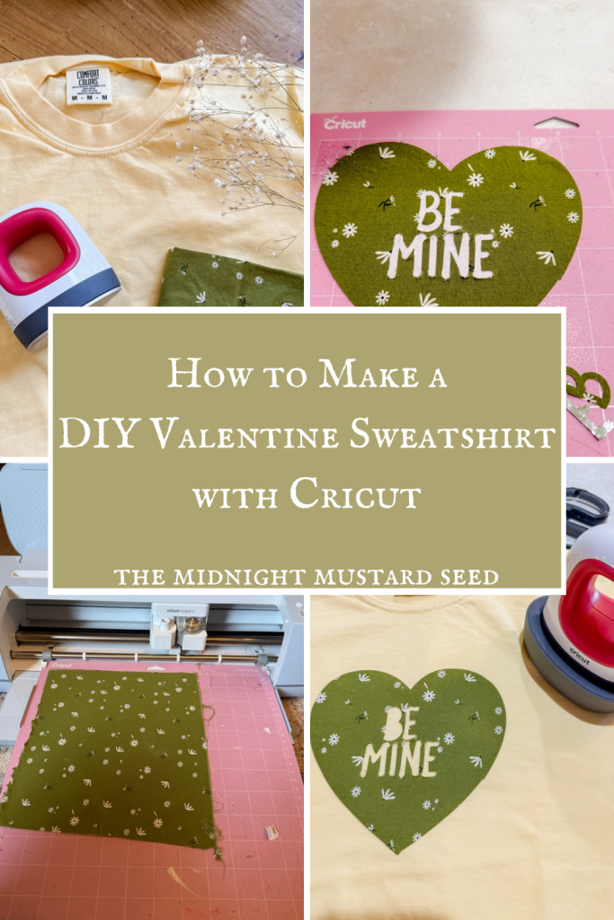 How to Make a DIY Valentine Sweatshirt with Cricut . A yellow shirt with a green heart applique that says be mine.