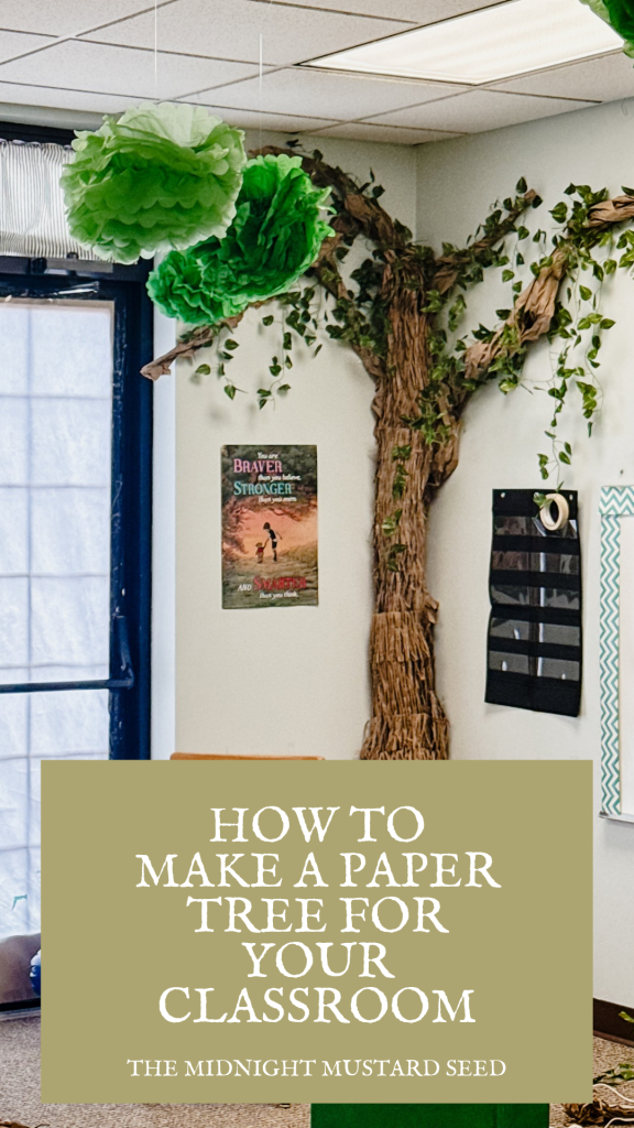 DIY classroom decoration: Step-by-step guide on how to make a 3D paper tree for your bulletin board or wall using cardboard , green tissue paper pom-poms for leaves, and artificial vines. Perfect for jungle theme, nature-inspired teacher crafts, or educational spaces by The Midnight Mustard Seed.