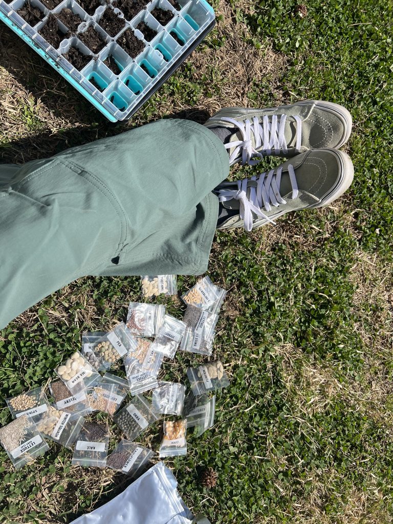 A top-down, first-person perspective of someone sitting on grass in a sunny yard, planning their garden. The person’s legs (wearing loose green cargo pants and light olive-green canvas sneakers with white laces) are visible, stretched out on the clover-filled lawn. Scattered around their feet and on the grass are numerous small labeled ziplock bags of vegetable seeds, including varieties such as lettuce, peas, cabbage, spinach, kale, cauliflower, winter squash, okra, corn, lima beans, carrots, celery, chamomile, and others. A blue-and-clear plastic seedling tray filled with soil cells sits nearby on the grass, ready for starting seeds.
