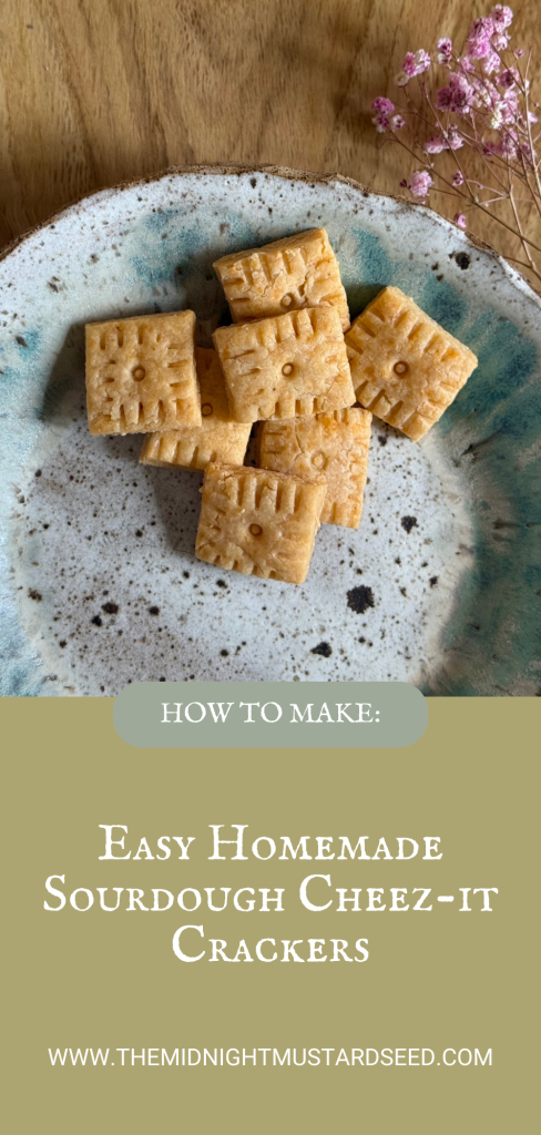A close-up overhead view of several small, square homemade sourdough Cheez-It-style crackers arranged on a handmade ceramic plate with a rustic blue-green glaze and dark speckles. The crackers are golden-brown, crispy-looking with visible tiny docking holes and fork-pricked patterns on their surfaces for even baking. A few delicate stems of pink baby’s breath flowers (gypsophila) are placed nearby on the wooden table as a soft, natural garnish, adding a pop of color and a cozy, artisanal feel.”